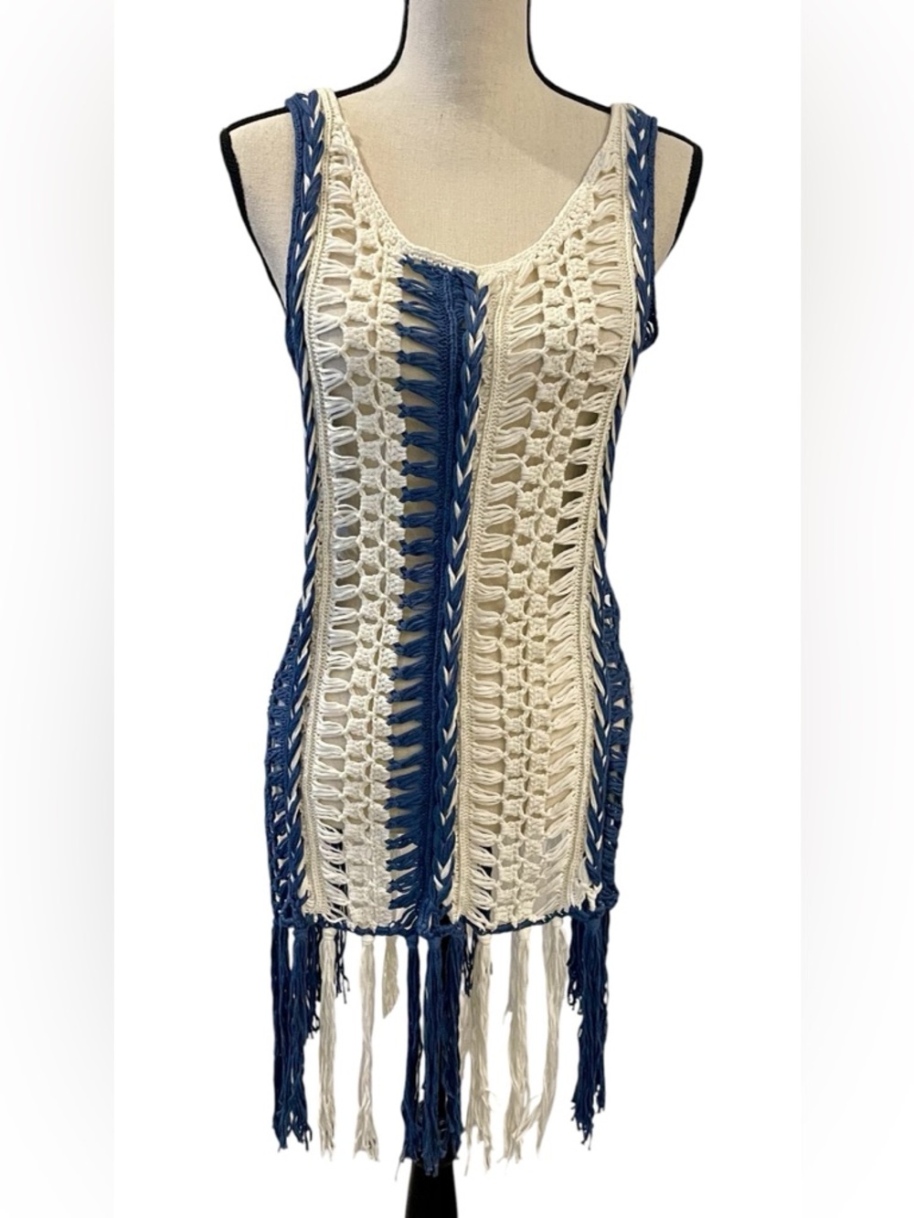Crochet Fringe Tank Top or Cover-Up in Blue and White